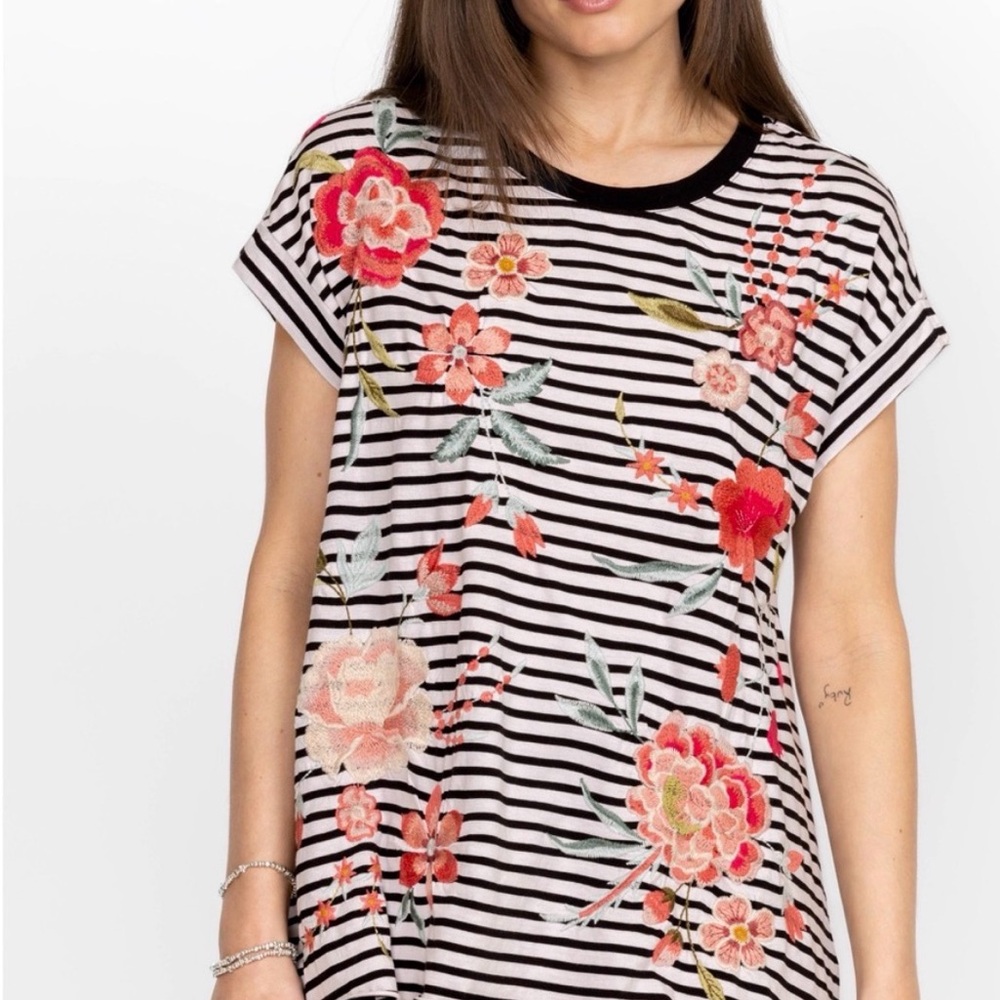 Johnny Was “Joya” Relaxed Draped Tee Black and White Striped Floral Embroidery L
